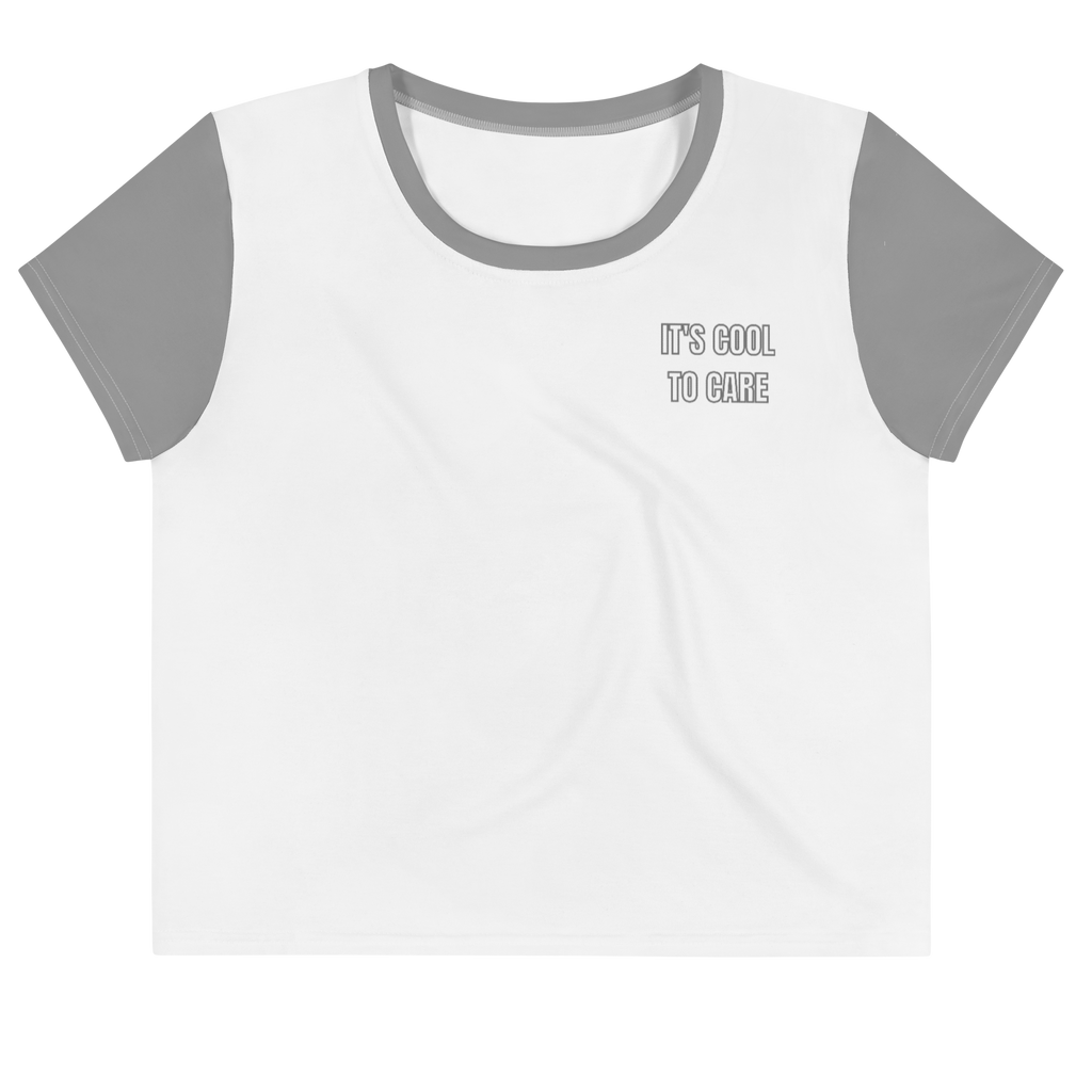 White cropped short sleeve t-shirt with contrast grey neckline and sleeves, and grey "IT'S COOL TO CARE" small text at left pocket area.