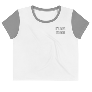 Open image in slideshow, White cropped short sleeve t-shirt with contrast grey neckline and sleeves, and grey &quot;IT&#39;S COOL TO CARE&quot; small text at left pocket area.
