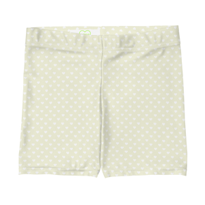 Open image in slideshow, Polka Dot Heart Print Biker Shorts - Neutral/White | front view flat | beige and white polka dot short shorts
