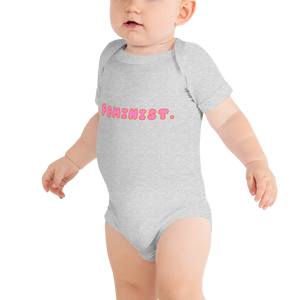 maillot.co | Feminist Baby & Toddler Onesie - Light Grey/Pink on model standing