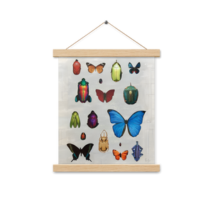 Art print of hand-cut insects and bug-inspired jewelry pieces arranged as insect specimens hanging in light brown natural wood frame