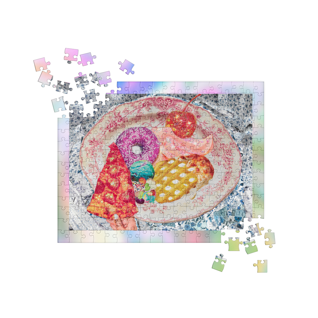 maillot.co | Collage 250 Piece Jigsaw Puzzle - Girl Dinner | colorful assembled puzzle | vibrant dinner plate collage