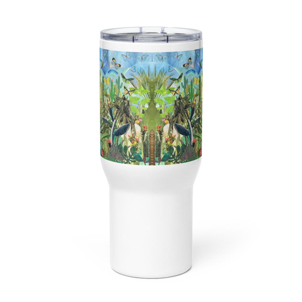 Large white beverage tumbler with vibrant green and blue jungle scene original collage artwork