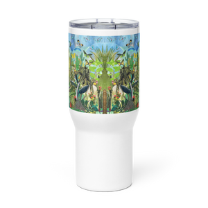 Large white beverage tumbler with vibrant green and blue jungle scene original collage artwork