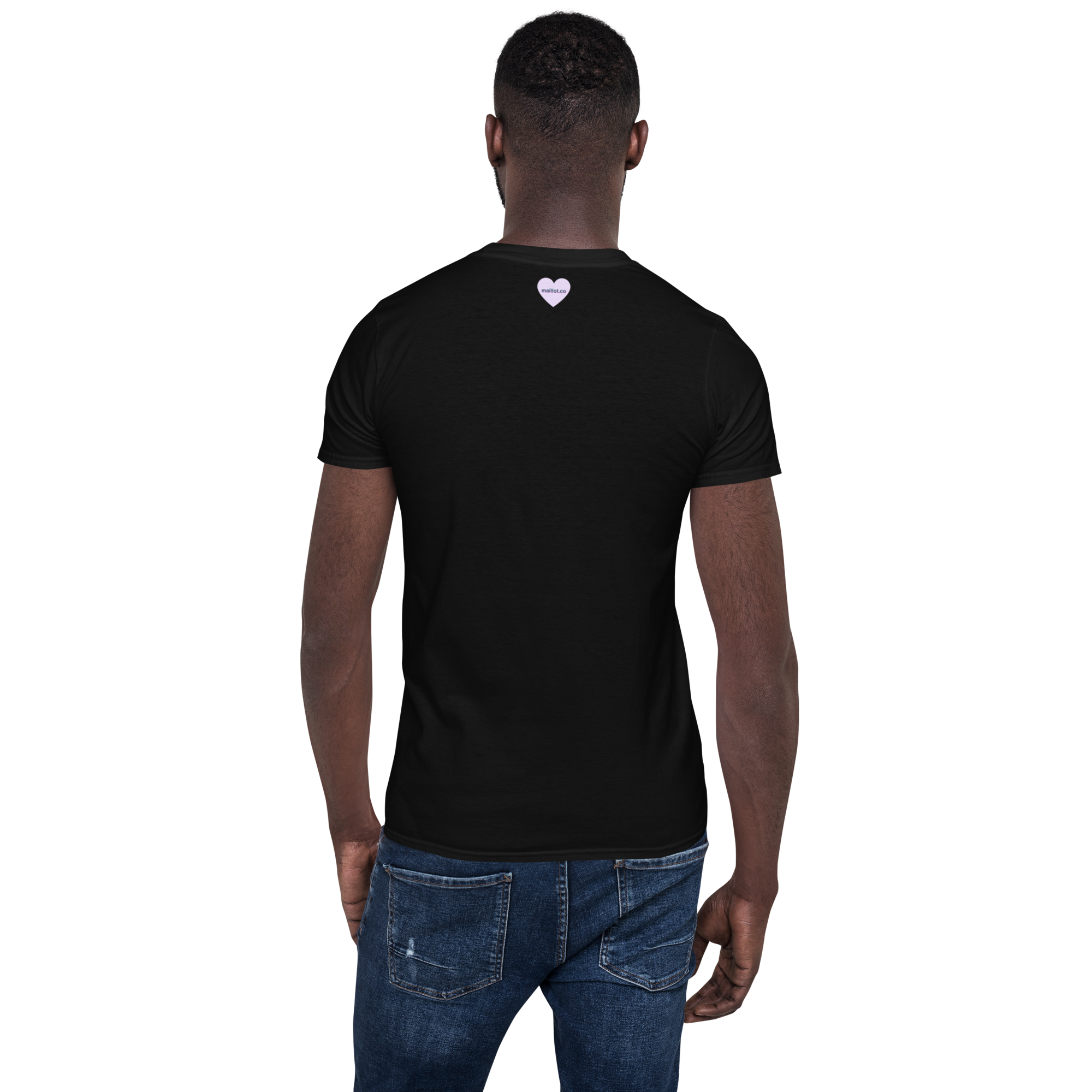 maillot.co | Believe Women Crew Neck Tee - Black | short-sleeve black t-shirt | back view on male model with maillot.co logo at top center