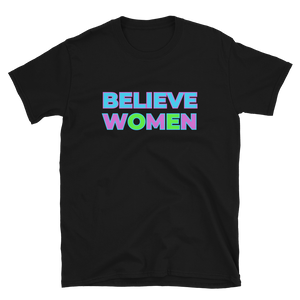 Open image in slideshow, maillot.co | Believe Women Crew Neck Tee - Black | short-sleeve black t-shirt with bright neon slogan

