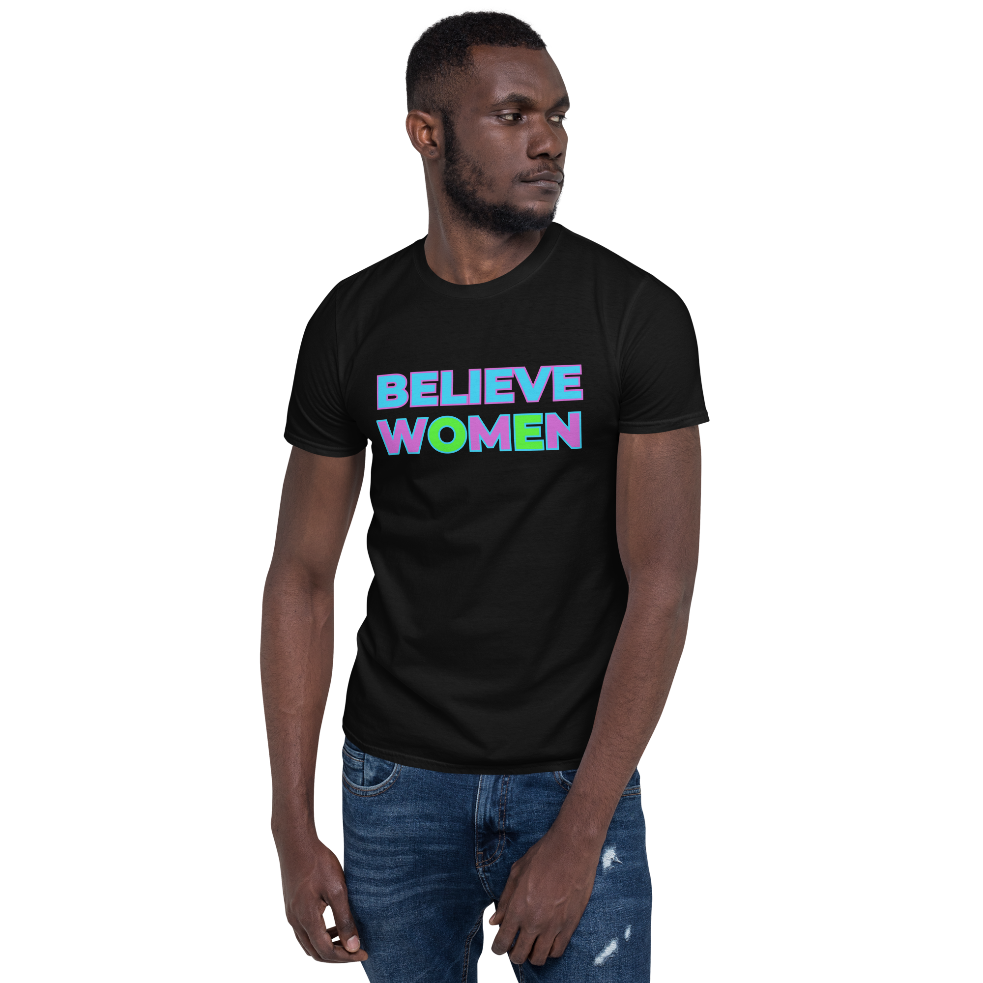 maillot.co | Believe Women Crew Neck Tee - Black | on male model front view