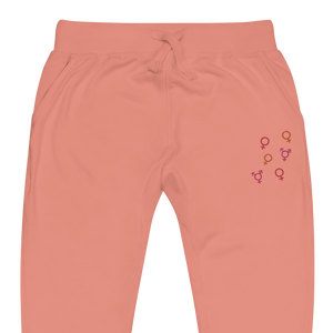 Close-up of red, pink, and orange gender symbol embroidery on coral pink 'Girl Power' fleece sweatpants by maillot.co