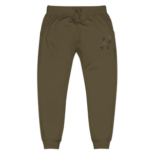 Open image in slideshow, Front view of military green &#39;Girl Power&#39; fleece jogger sweatpants with maroon, black, and grey embroidered symbols by maillot.co
