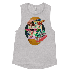 Open image in slideshow, maillot.co | Collage Muscle Tank Top - Bold Heather | front view light grey sleeveless tank top with colorful collage artwork
