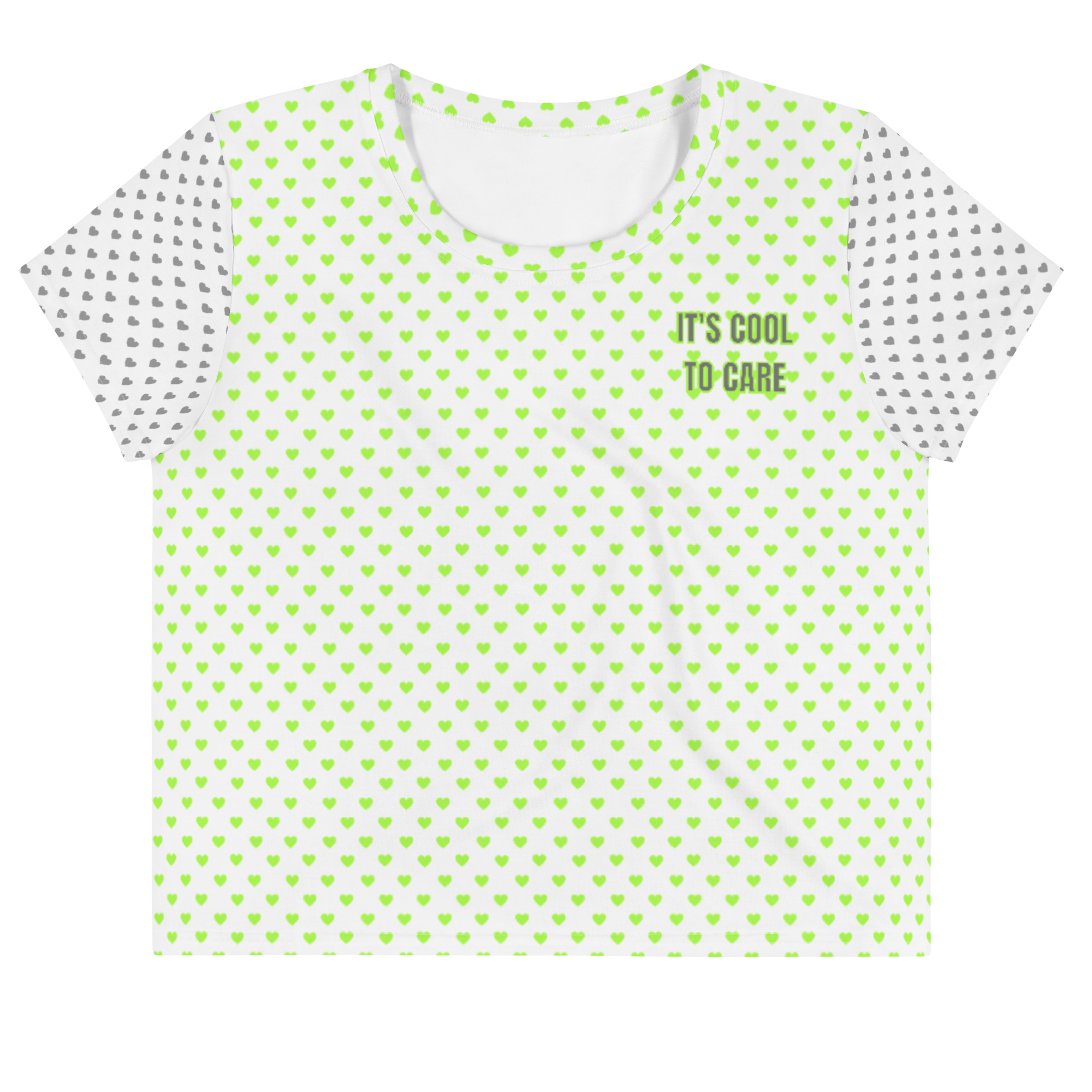 maillot.co | It's Cool To Care Polka Dot Heart Print Cropped Tee - Two-Toned White/Green/Grey | front view