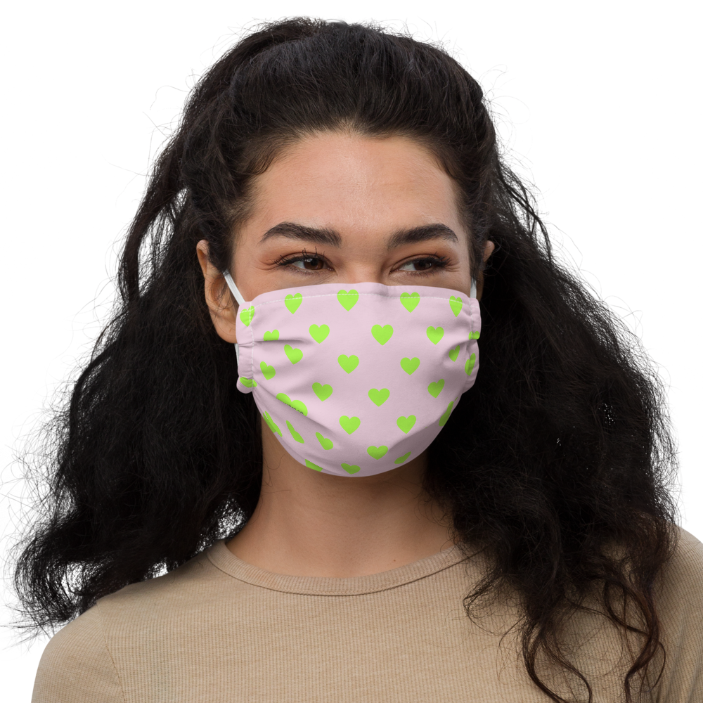 maillot.co | Polka Dot Heart Print Face Mask - Baby Pink/Lime Green | on model