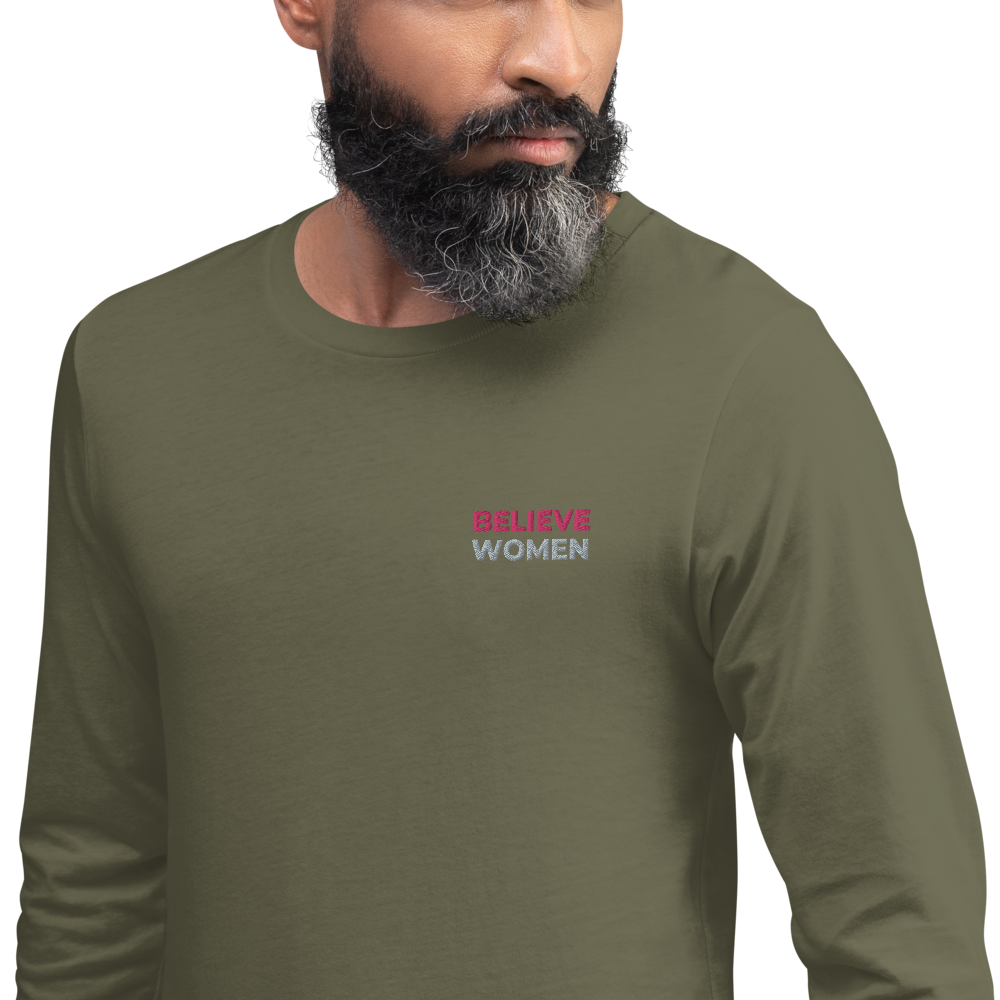maillot.co | Believe Women Embroidered Long Sleeve Crew Neck Tee - Olive | on model