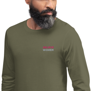 Open image in slideshow, maillot.co | Believe Women Embroidered Long Sleeve Crew Neck Tee - Olive | on model
