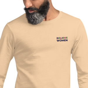 Open image in slideshow, maillot.co | Believe Women Embroidered Long Sleeve Tee - Apricot | on model
